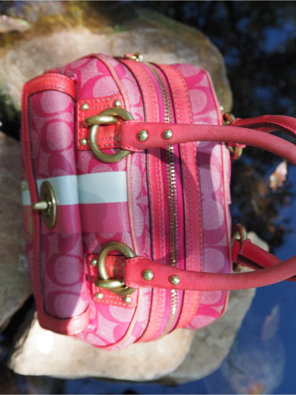 Coach Heritage Pink Signature Stripe Satchel - Picture 4 of 11